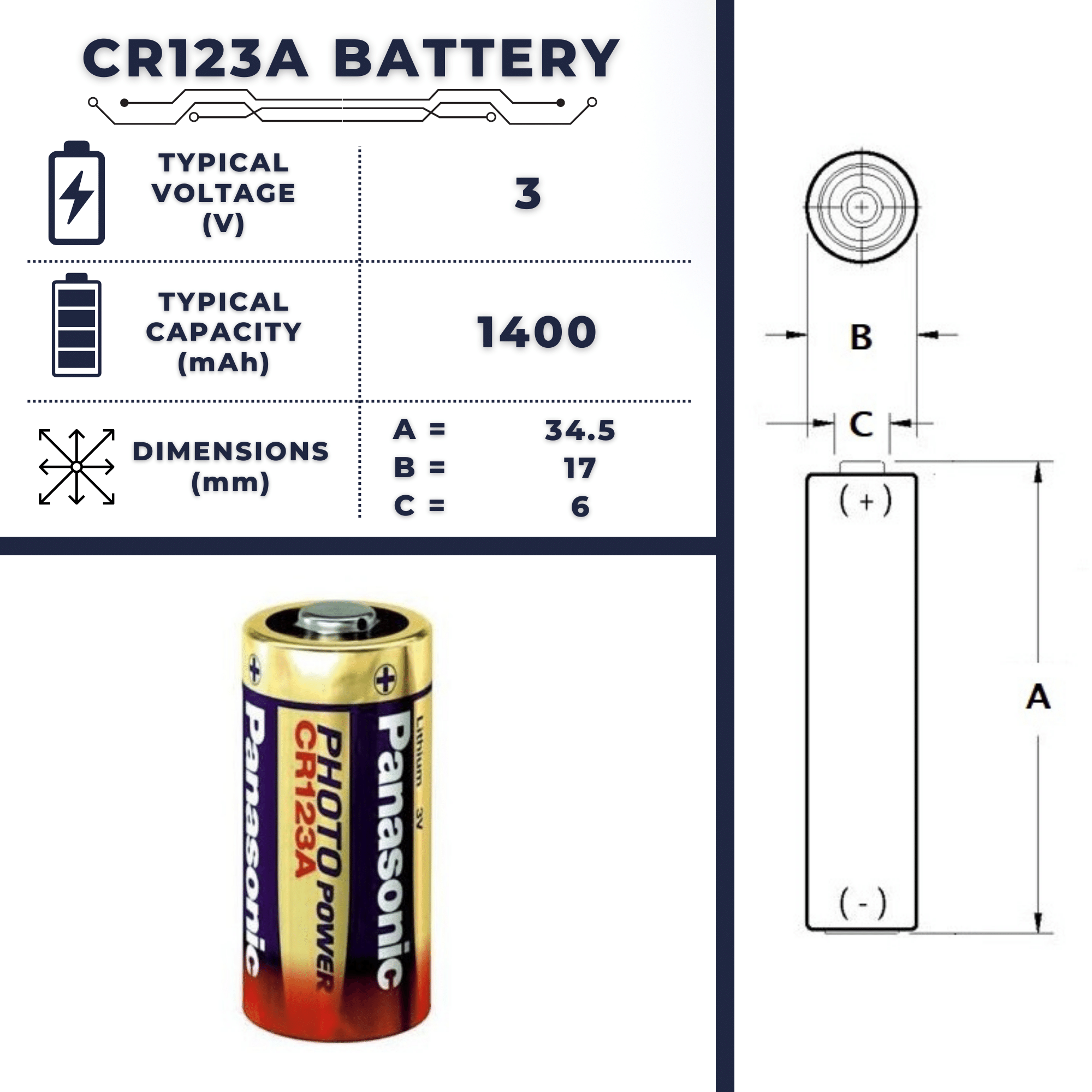 Batería CR123a  Tamaño, voltaje, capacidad, beneficios y usos