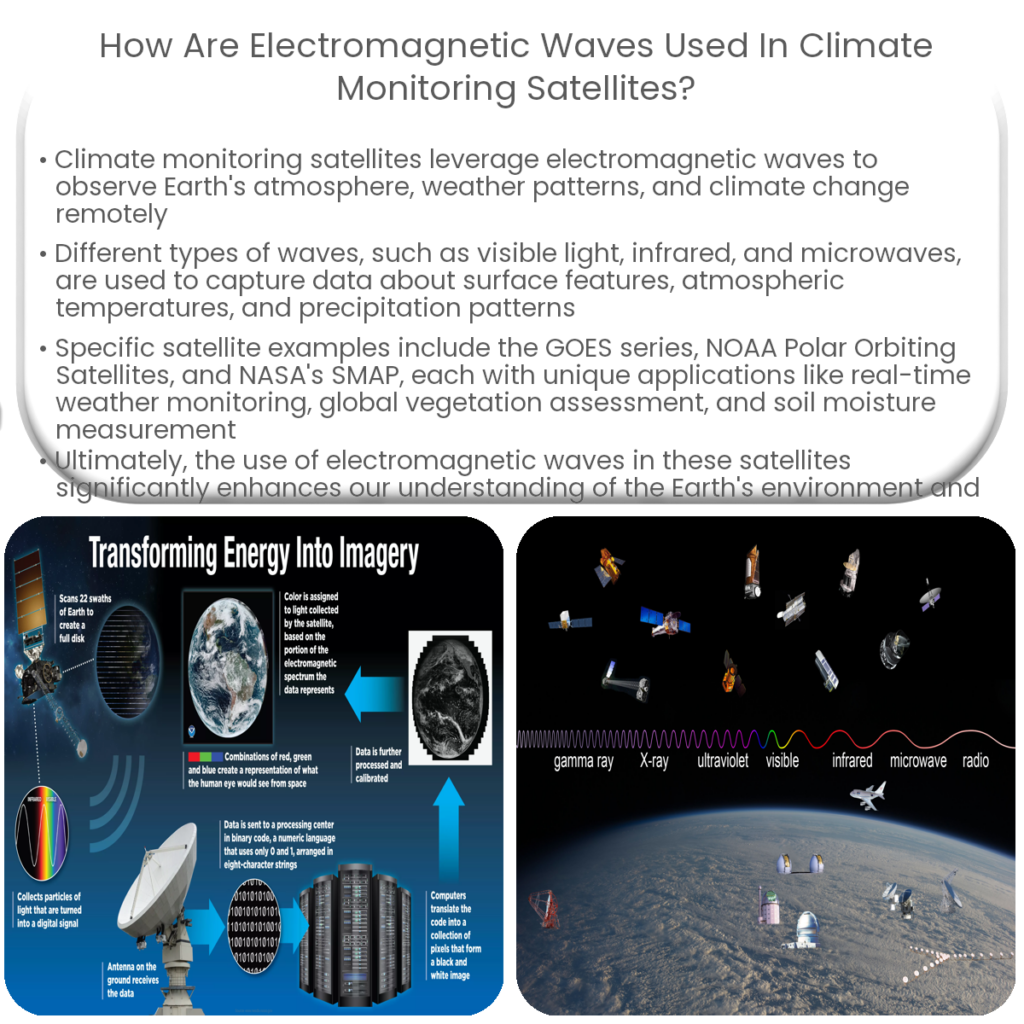How are electromagnetic waves used in climate monitoring satellites?