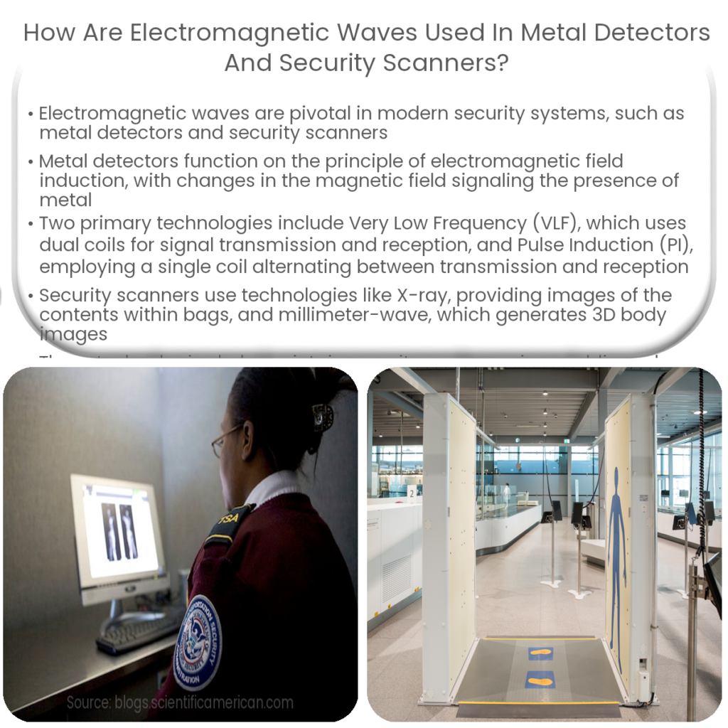 How are electromagnetic waves used in metal detectors and security scanners?