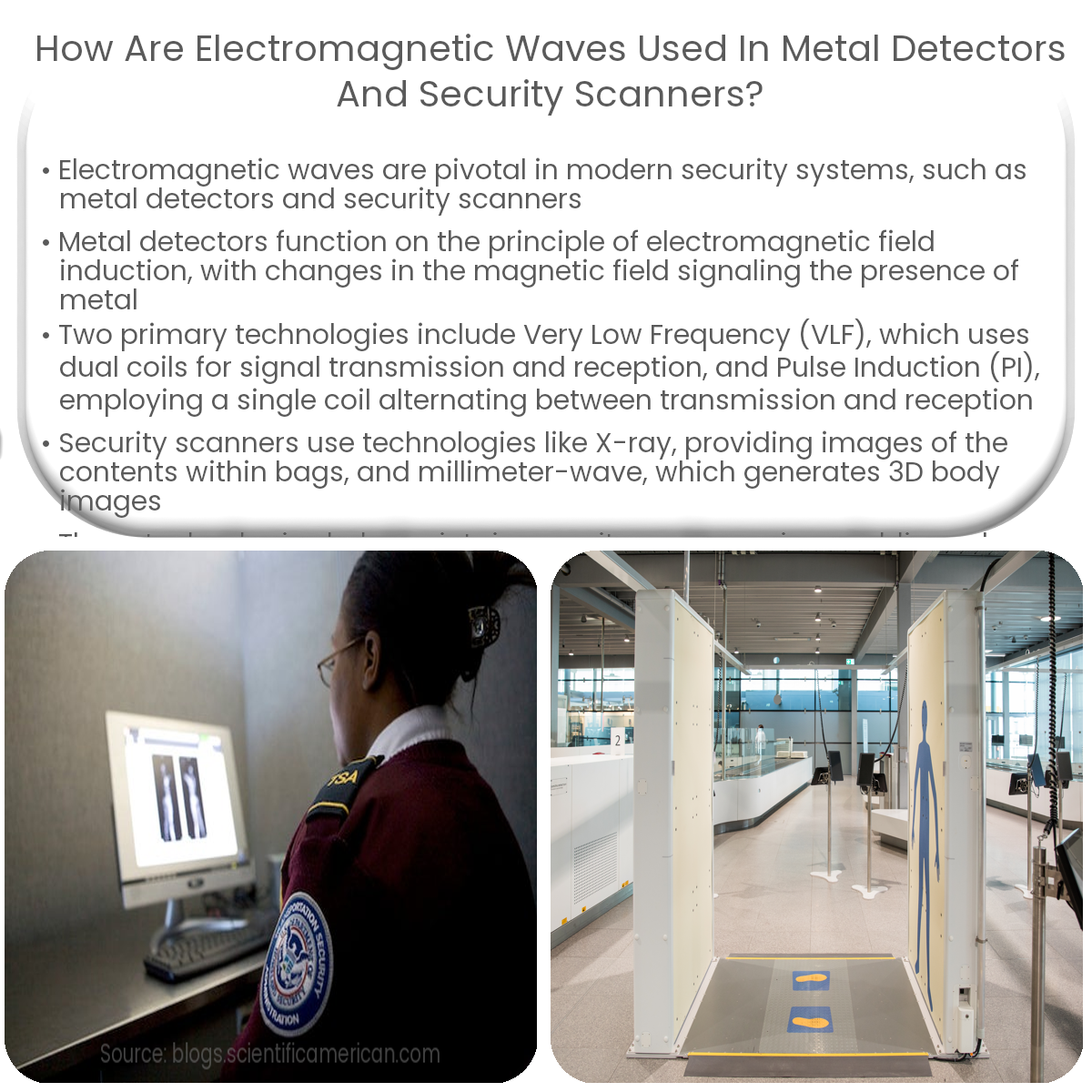 How are electromagnetic waves used in metal detectors and security scanners?