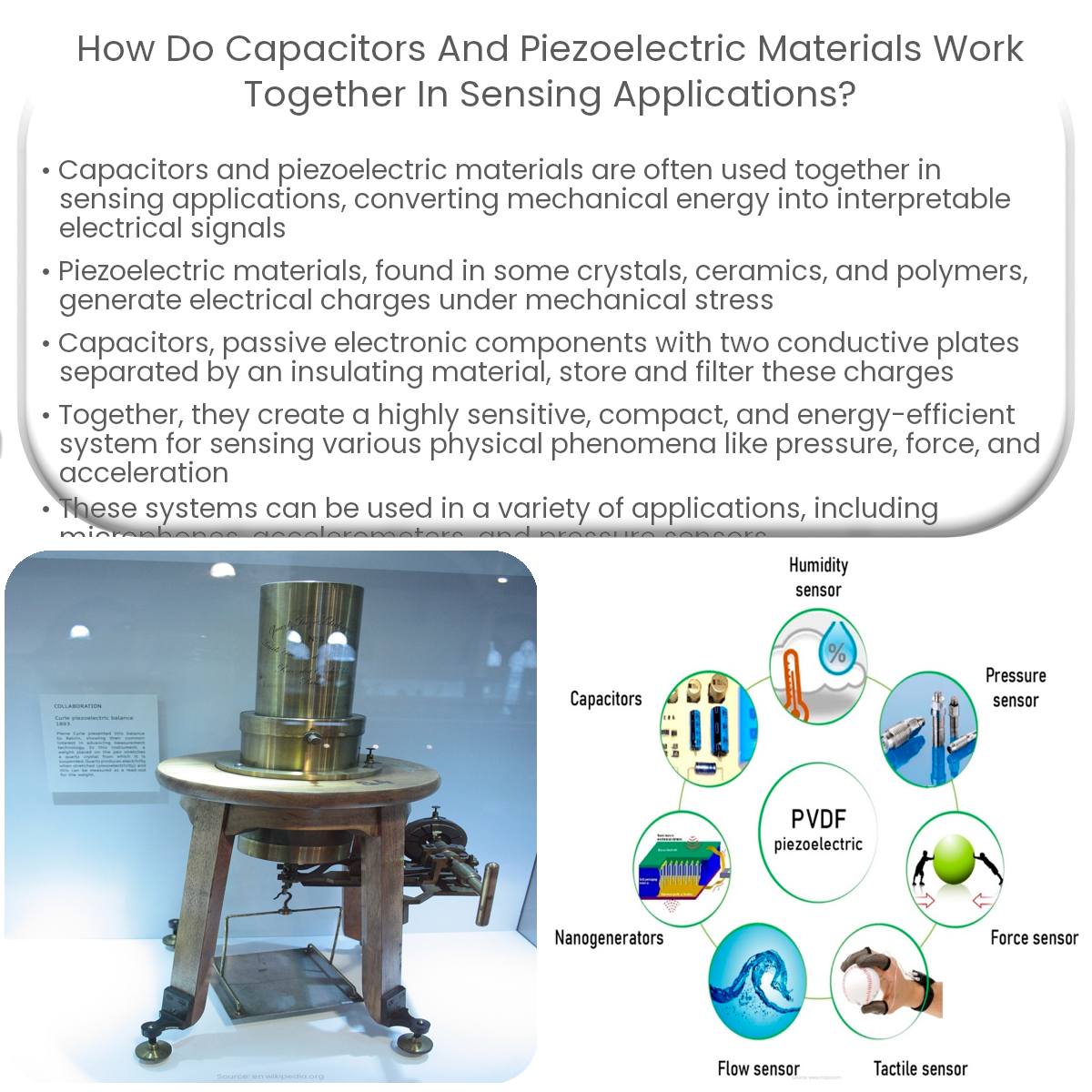 How do capacitors and piezoelectric materials work together in sensing applications?