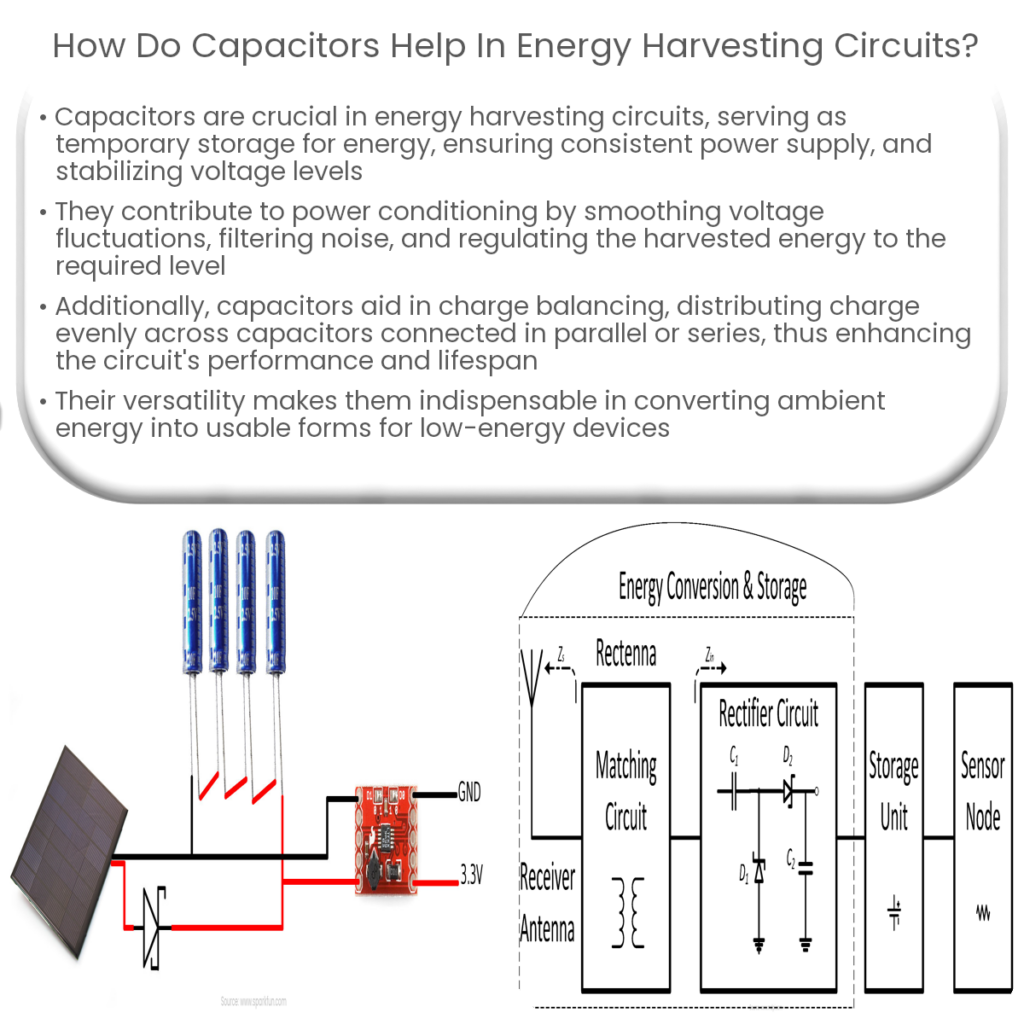 How do capacitors help in energy harvesting circuits?
