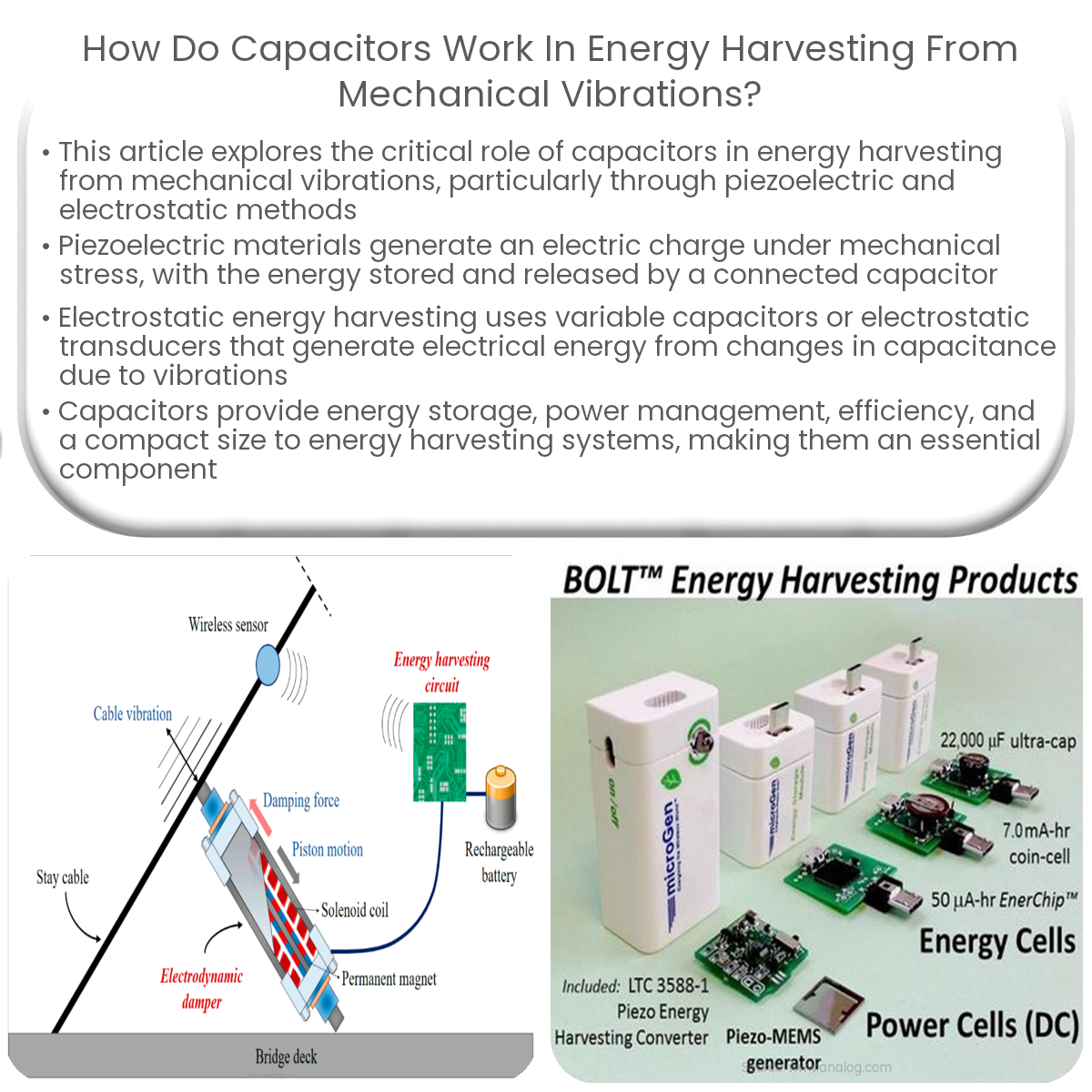 How do capacitors work in energy harvesting from mechanical vibrations?