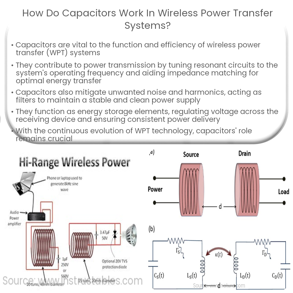How do capacitors work in wireless power transfer systems?