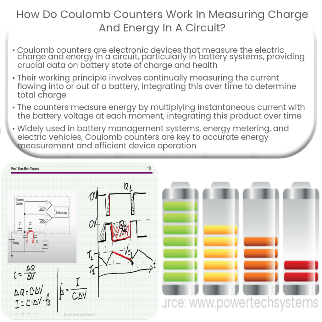 How do Coulomb counters work in measuring charge and energy in a circuit?