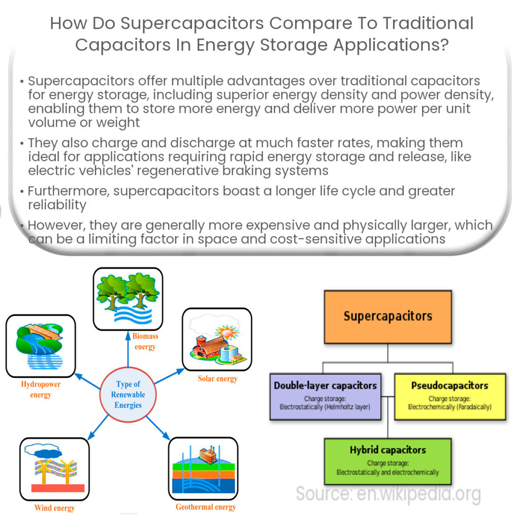 How do supercapacitors compare to traditional capacitors in energy storage applications?