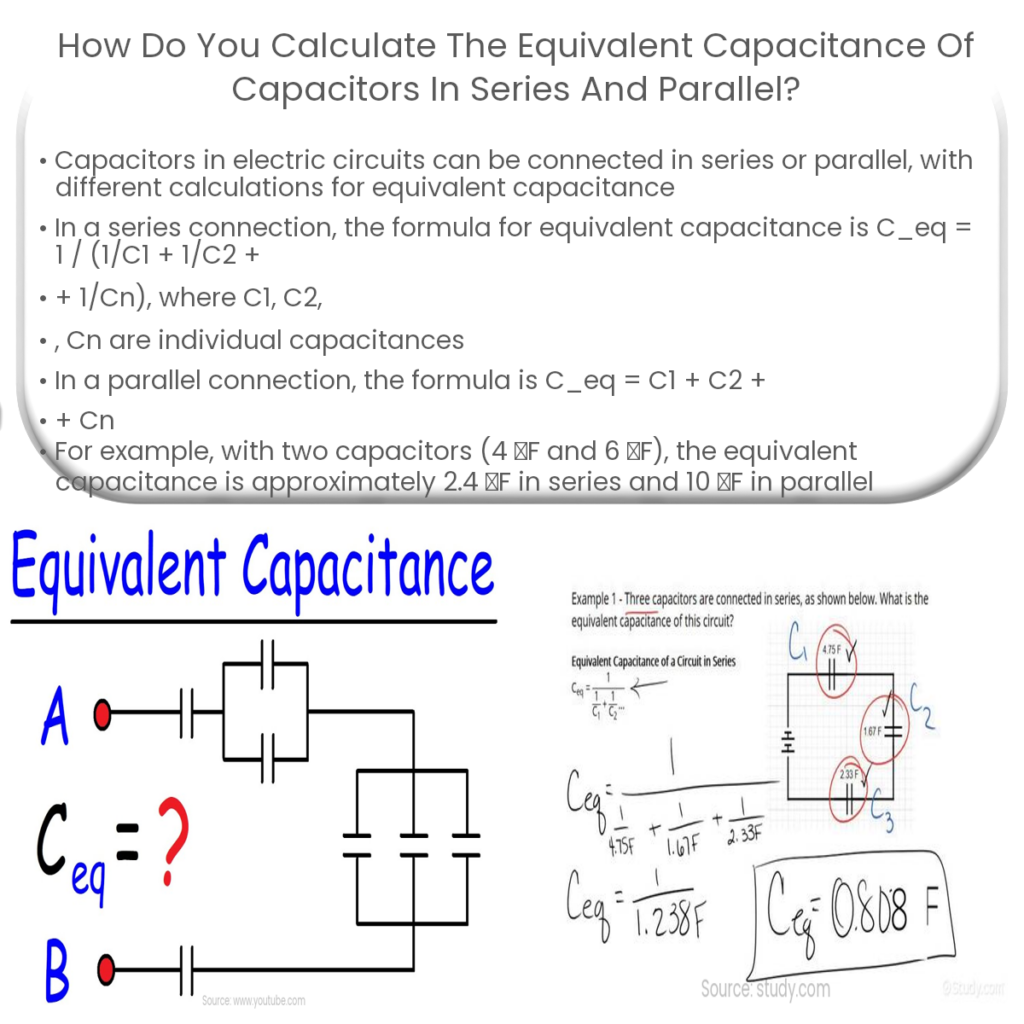 How do you calculate the equivalent capacitance of capacitors in series and parallel?