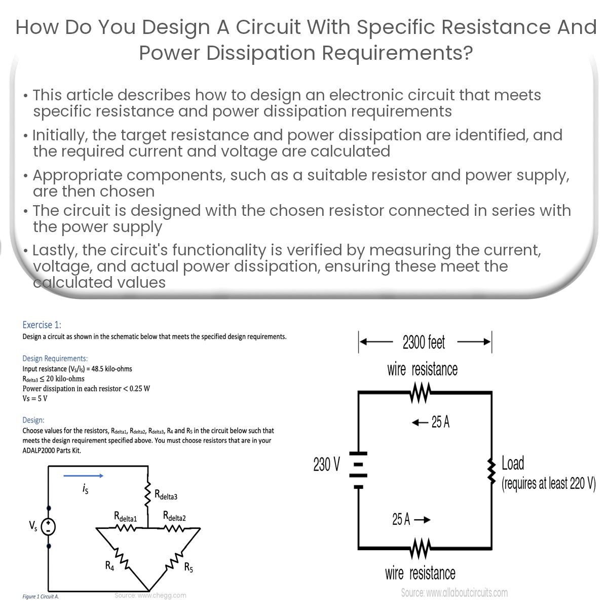 How do you design a circuit with specific resistance and power dissipation requirements?