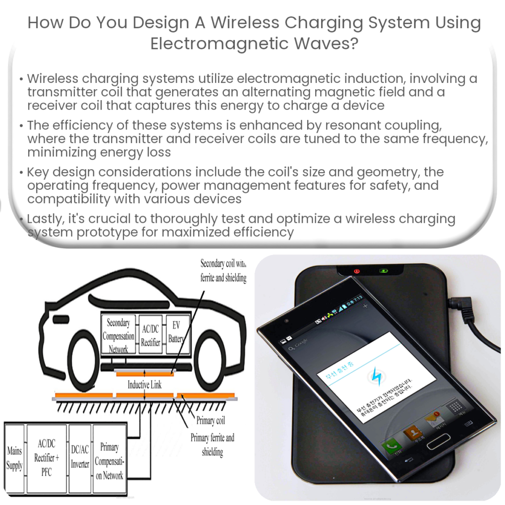 How do you design a wireless charging system using electromagnetic waves?