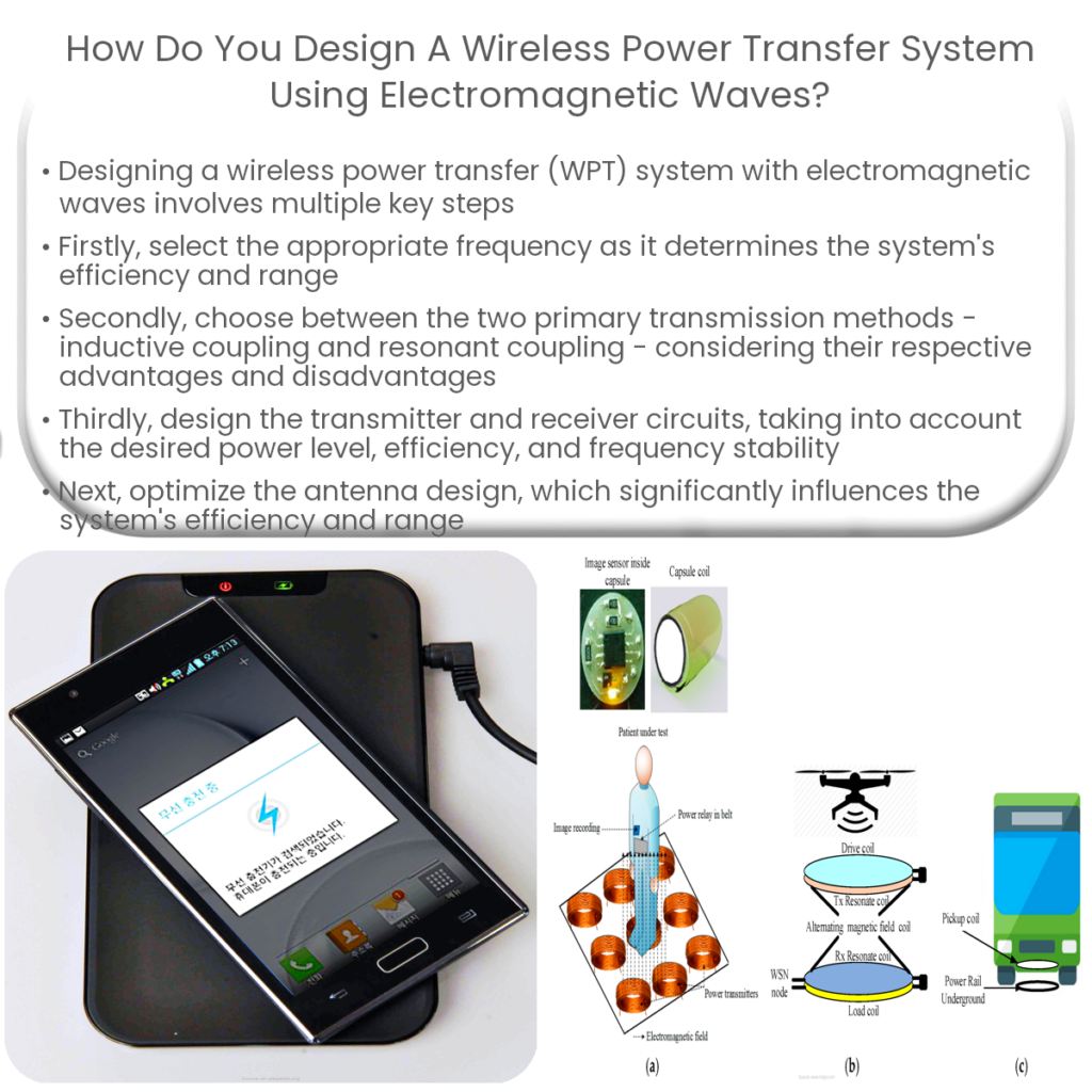 How do you design a wireless power transfer system using electromagnetic waves?