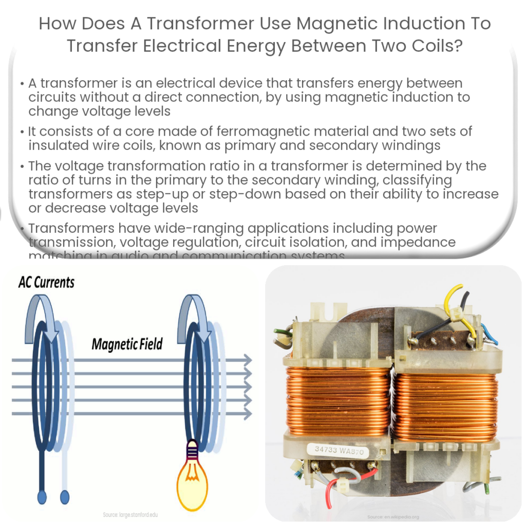 How does a transformer use magnetic induction to transfer electrical energy between two coils?