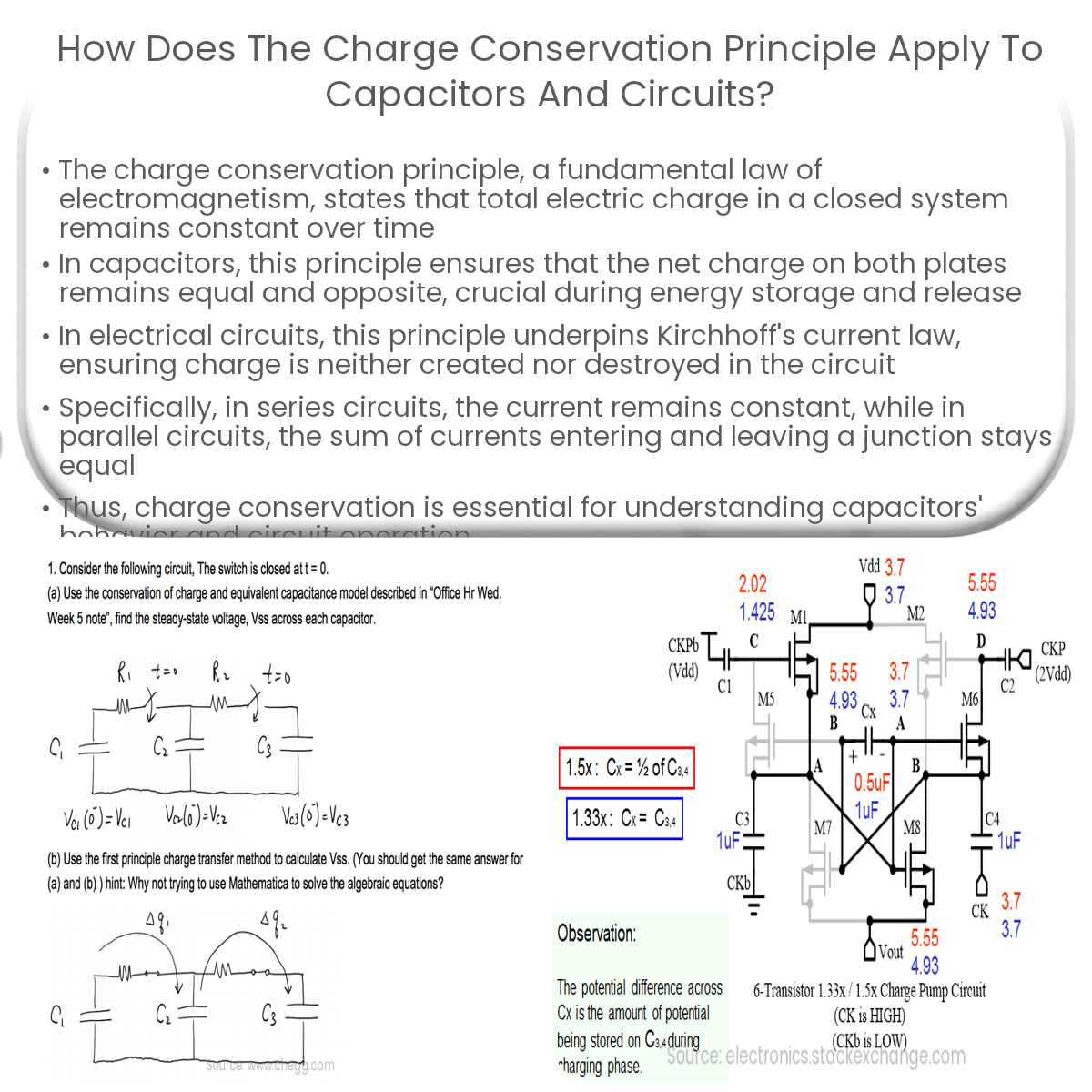 How does the charge conservation principle apply to capacitors and circuits?