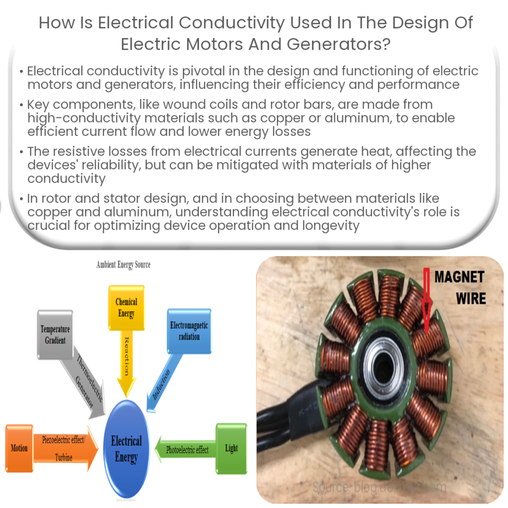 How is electrical conductivity used in the design of electric motors and generators?