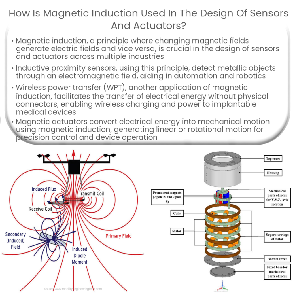 How is magnetic induction used in the design of sensors and actuators?