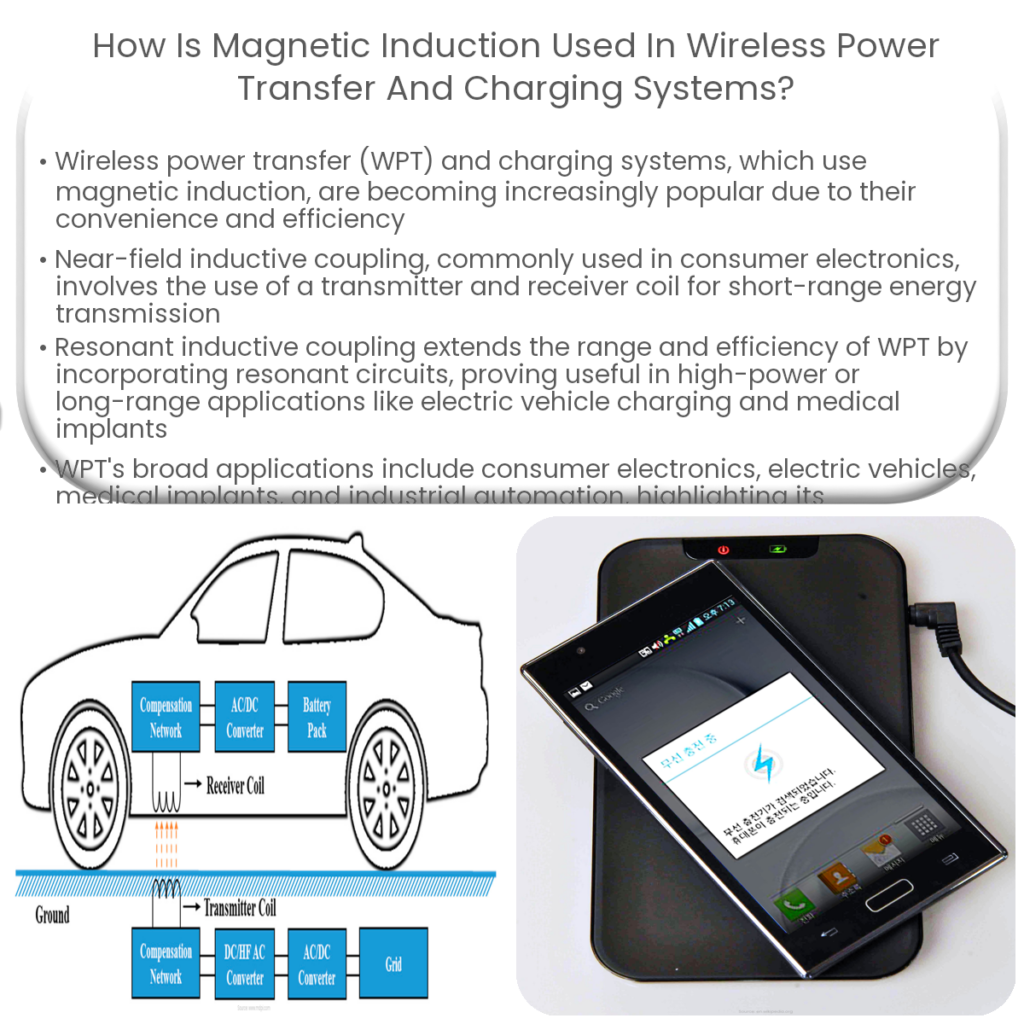 How is magnetic induction used in wireless power transfer and charging systems?