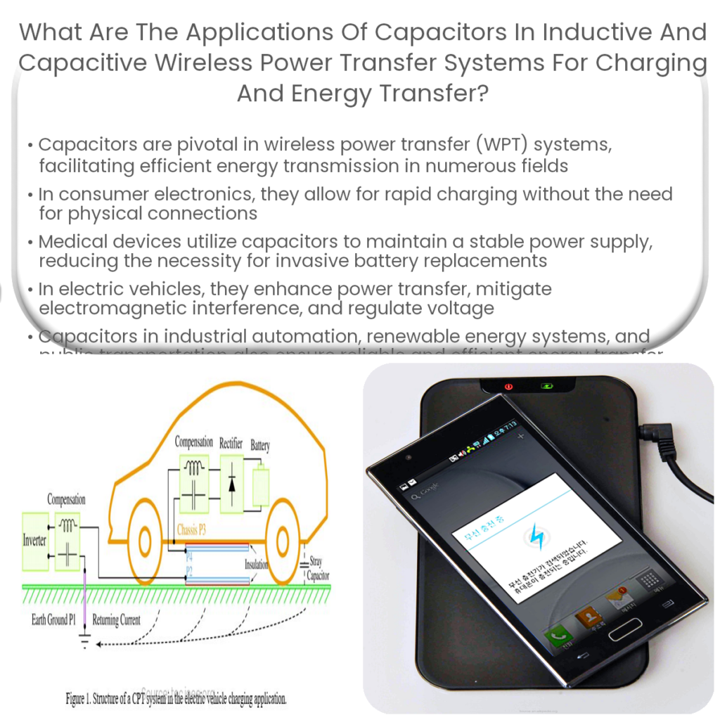 What are the applications of capacitors in inductive and capacitive wireless power transfer systems for charging and energy transfer?