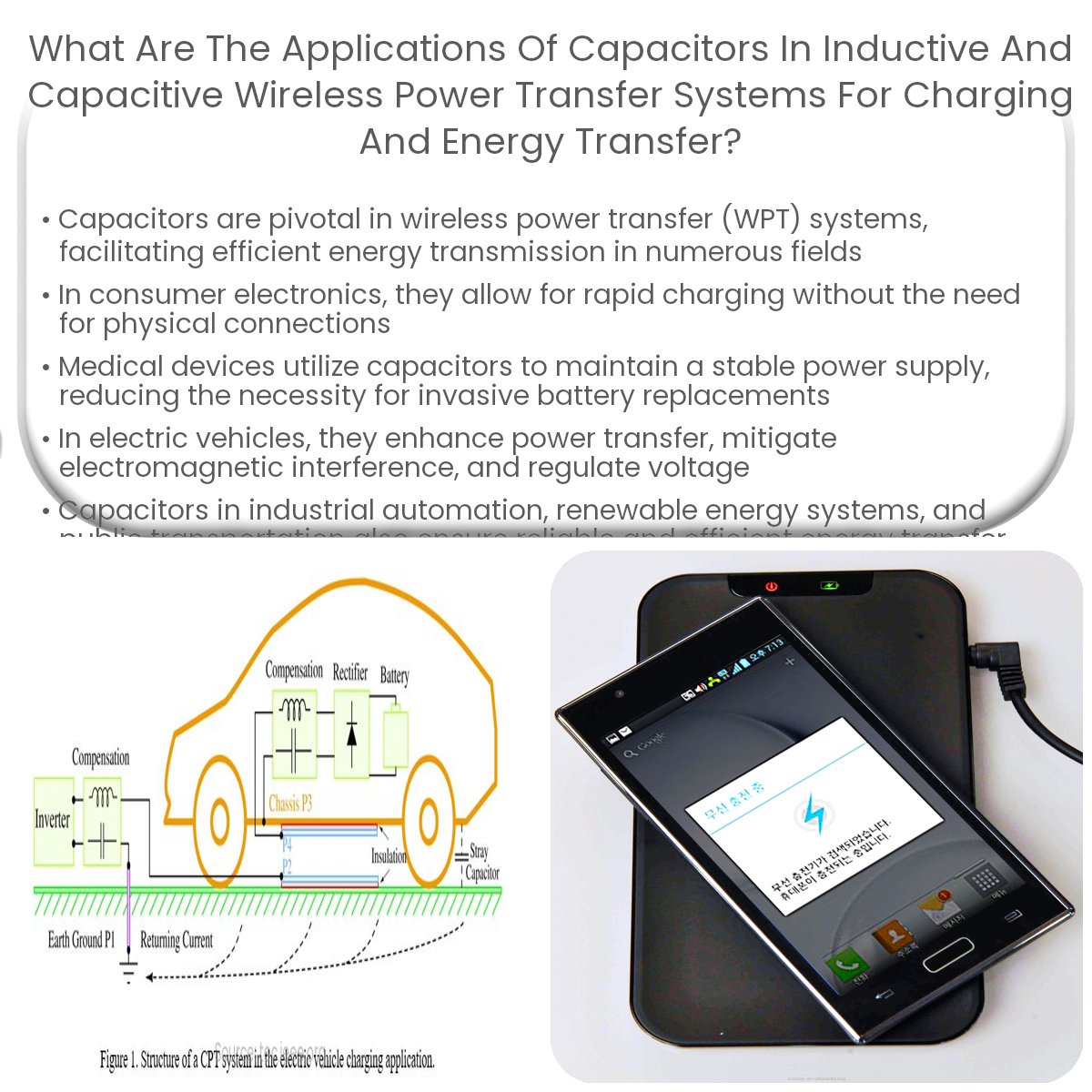 What are the applications of capacitors in inductive and capacitive wireless power transfer systems for charging and energy transfer?