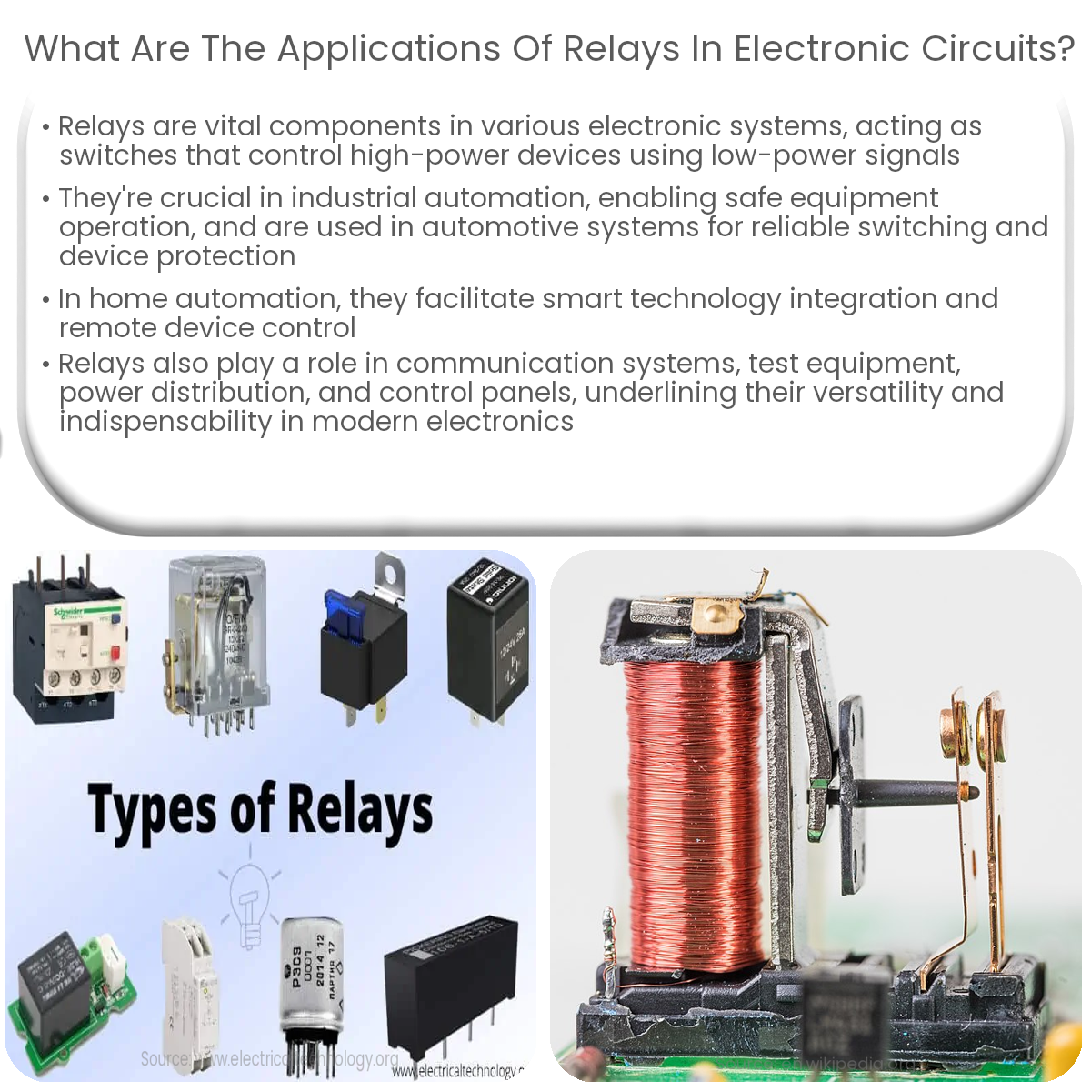 What are the applications of relays in electronic circuits?