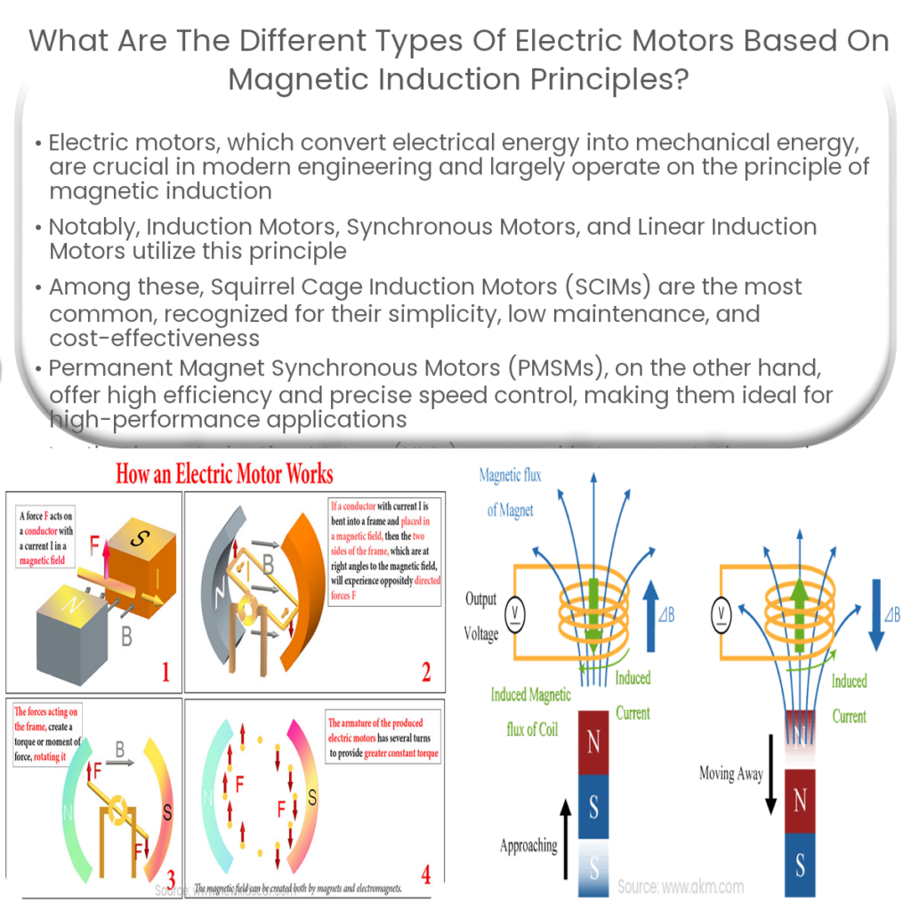 What are the different types of electric motors based on magnetic induction principles?
