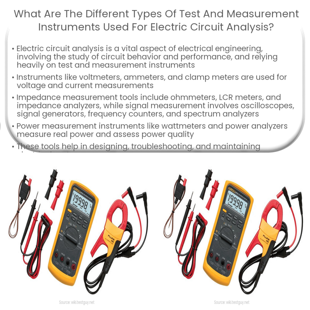 What are the different types of test and measurement instruments used for electric circuit analysis?
