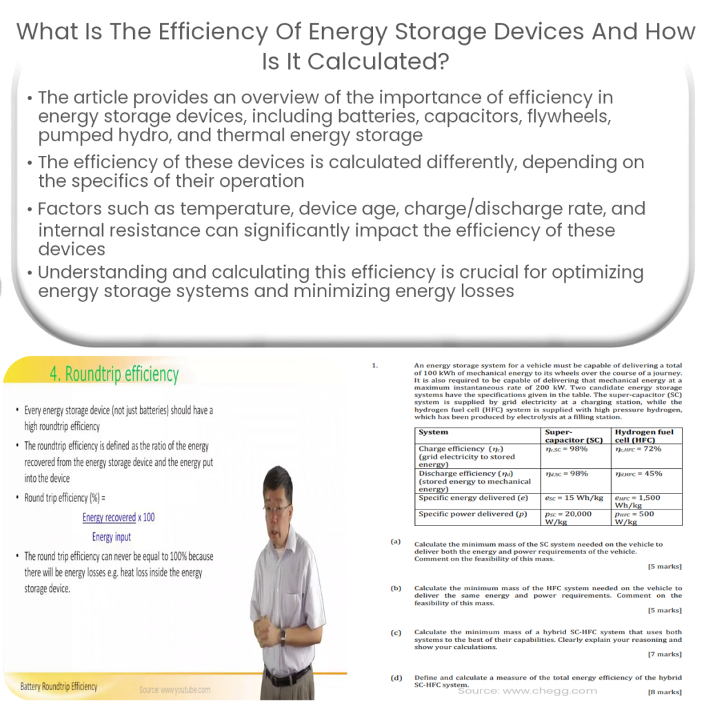 What is the efficiency of energy storage devices and how is it calculated?