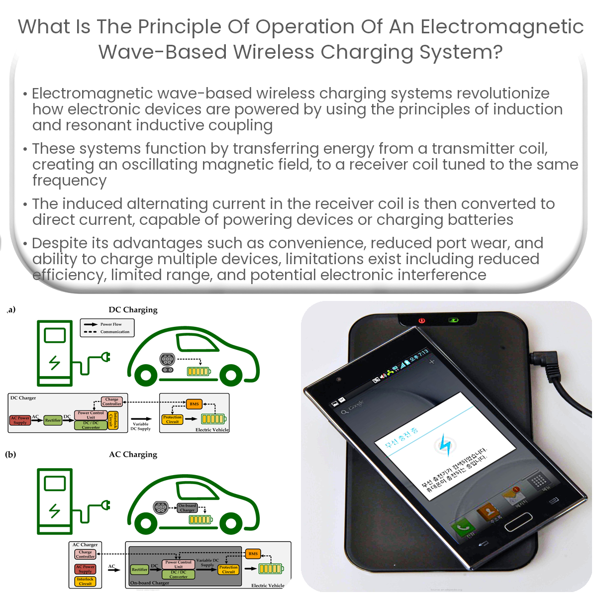What is the principle of operation of an electromagnetic wave-based wireless charging system?