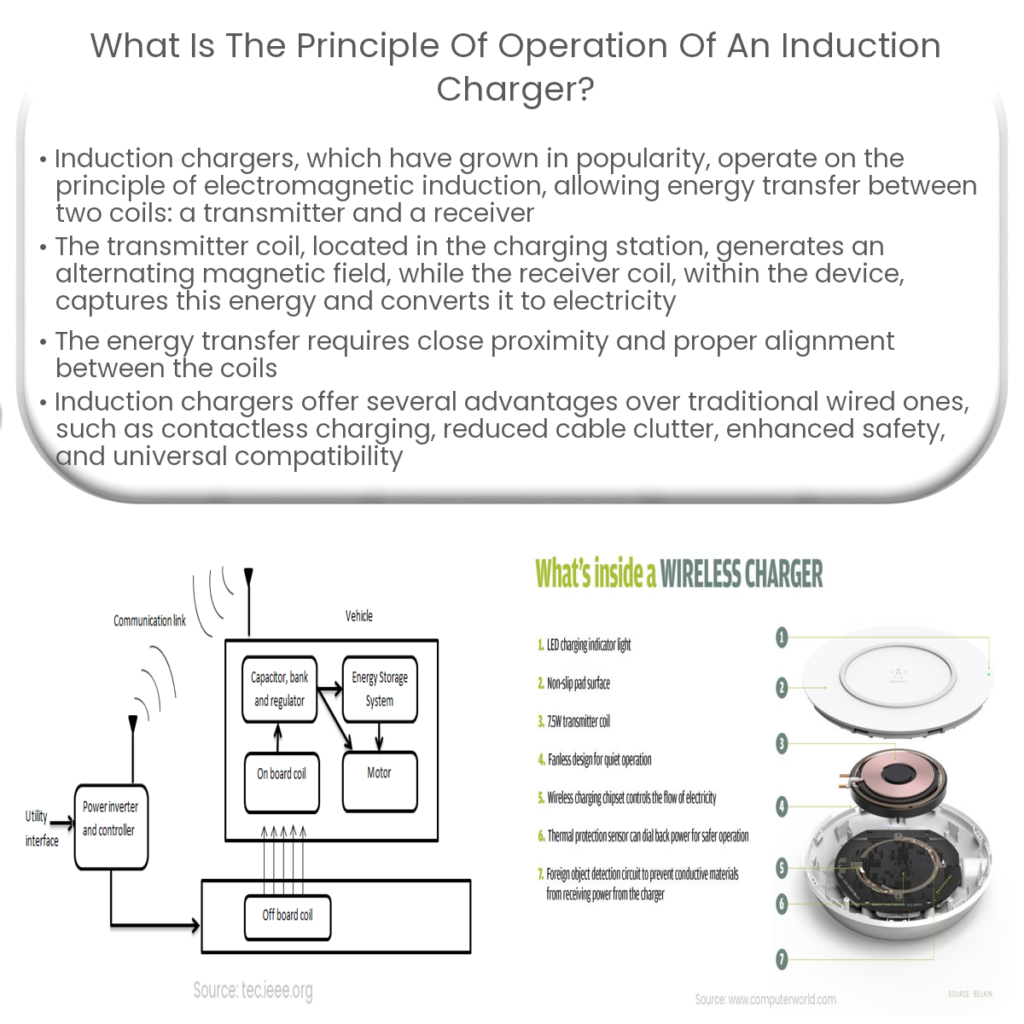 What is the principle of operation of an induction charger?