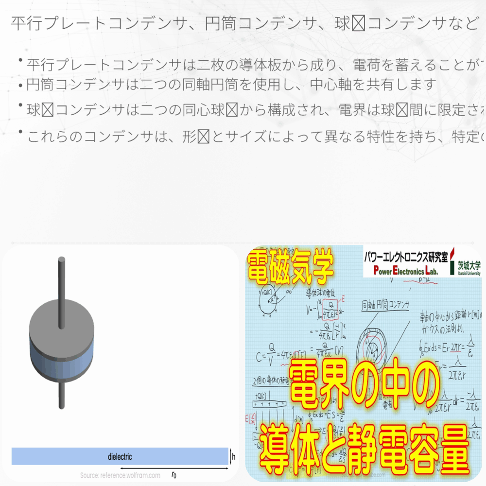 平行プレートコンデンサ、円筒コンデンサ、球状コンデンサなど