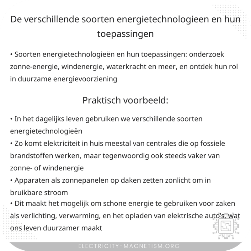 De verschillende soorten energietechnologieën en hun toepassingen