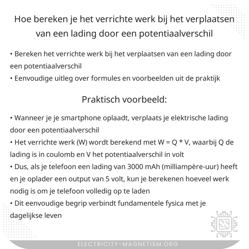 Hoe bereken je het verrichte werk bij het verplaatsen van een lading door een potentiaalverschil?