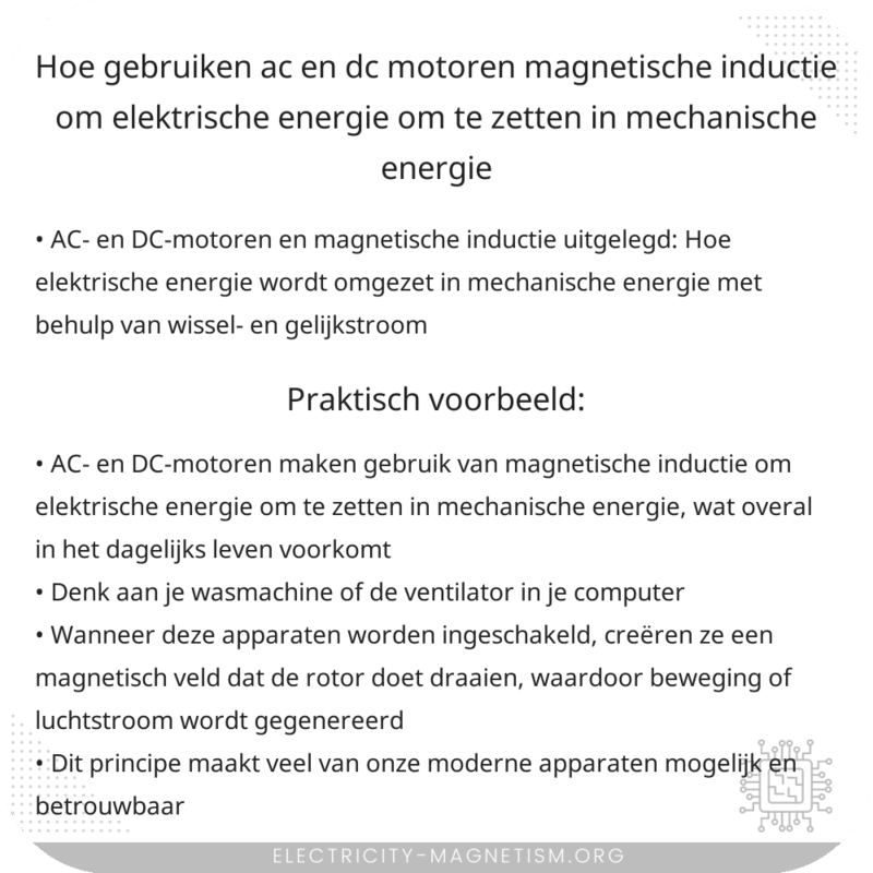 Hoe gebruiken AC- en DC-motoren magnetische inductie om elektrische energie om te zetten in mechanische energie?