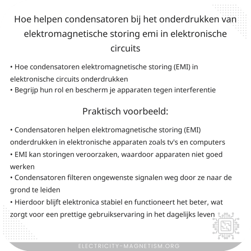 Hoe helpen condensatoren bij het onderdrukken van elektromagnetische storing (EMI) in elektronische circuits?