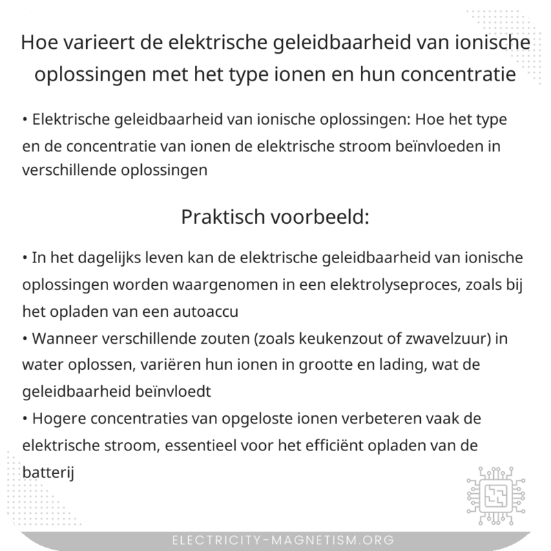 Hoe varieert de elektrische geleidbaarheid van ionische oplossingen met het type ionen en hun concentratie?