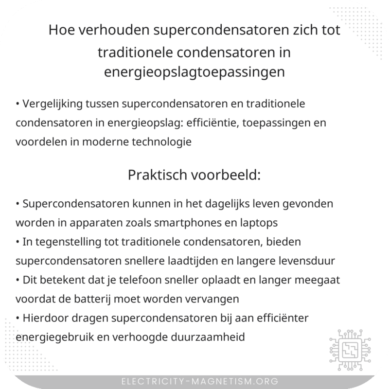 Hoe verhouden supercondensatoren zich tot traditionele condensatoren in energieopslagtoepassingen?