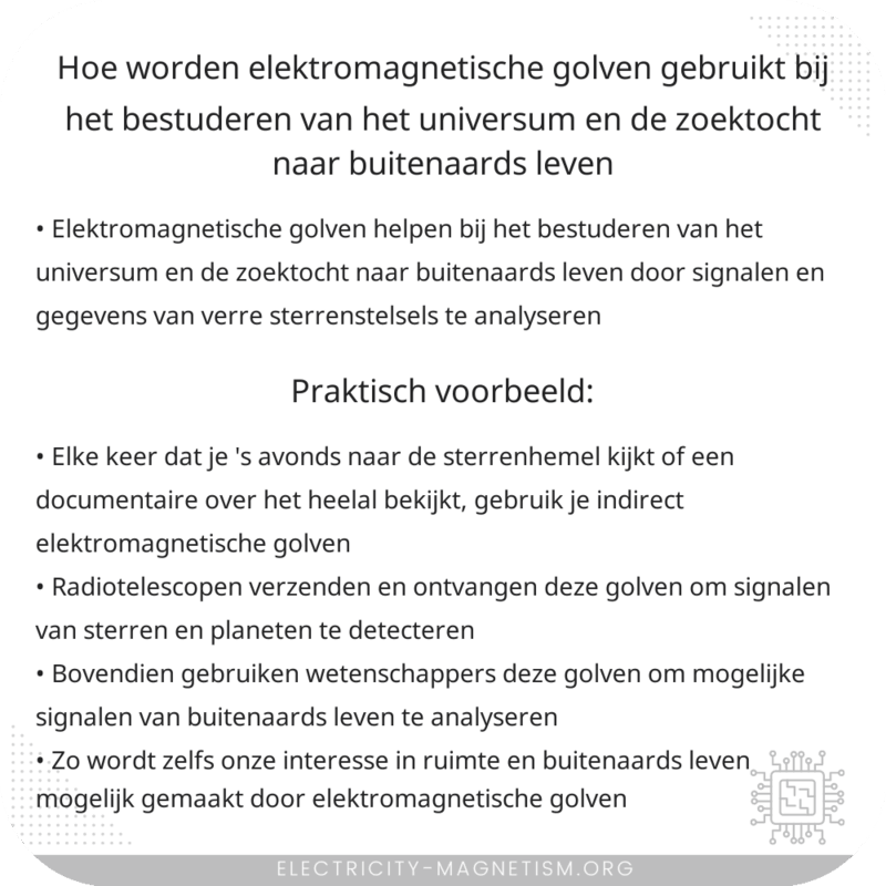 Hoe worden elektromagnetische golven gebruikt bij het bestuderen van het universum en de zoektocht naar buitenaards leven?