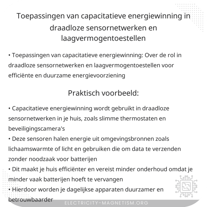 Toepassingen van capacitatieve energiewinning in draadloze sensornetwerken en laagvermogentoestellen