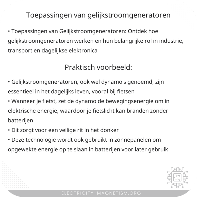 Toepassingen van Gelijkstroomgeneratoren