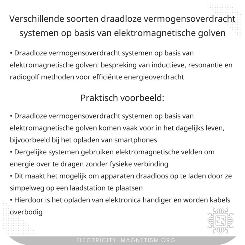 Verschillende soorten draadloze vermogensoverdracht systemen op basis van elektromagnetische golven