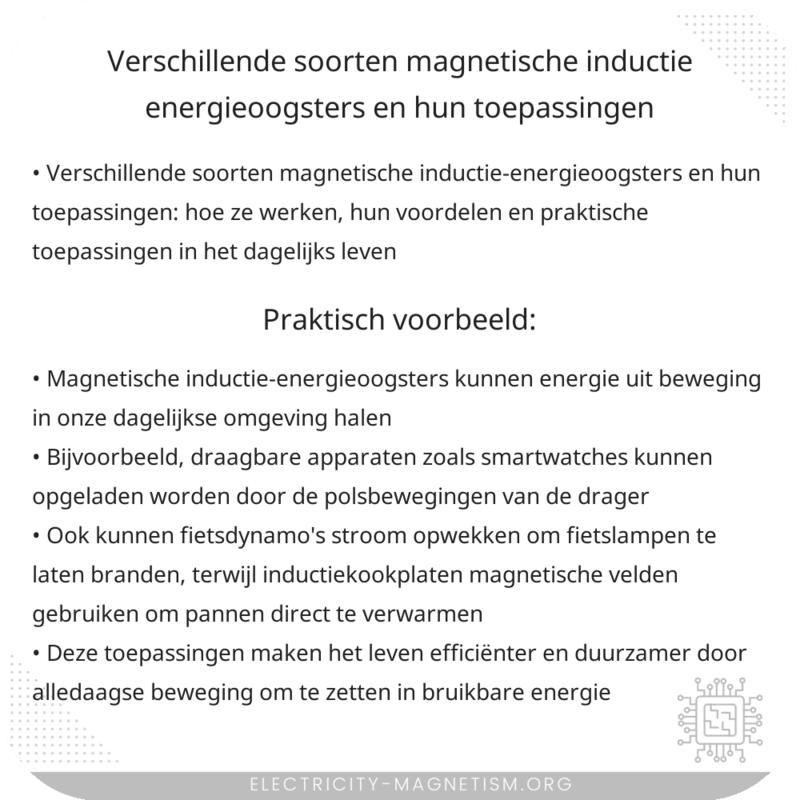 Verschillende soorten magnetische inductie-energieoogsters en hun toepassingen