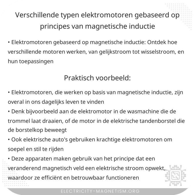 Verschillende typen elektromotoren gebaseerd op principes van magnetische inductie