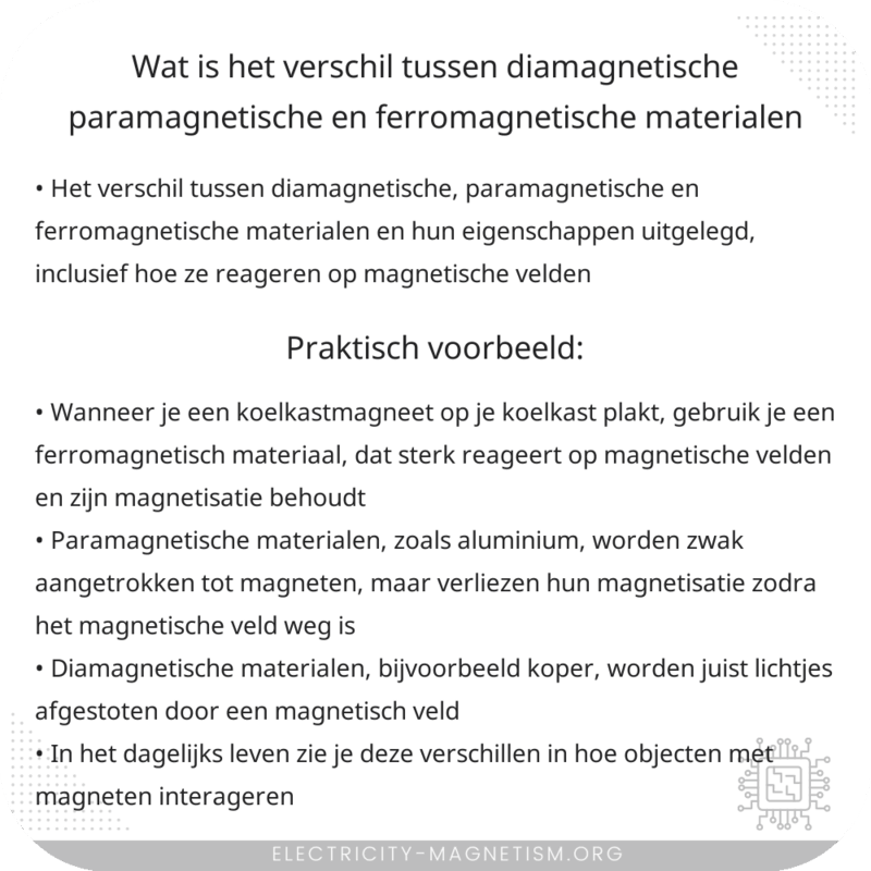 Wat is het verschil tussen diamagnetische, paramagnetische en ferromagnetische materialen?