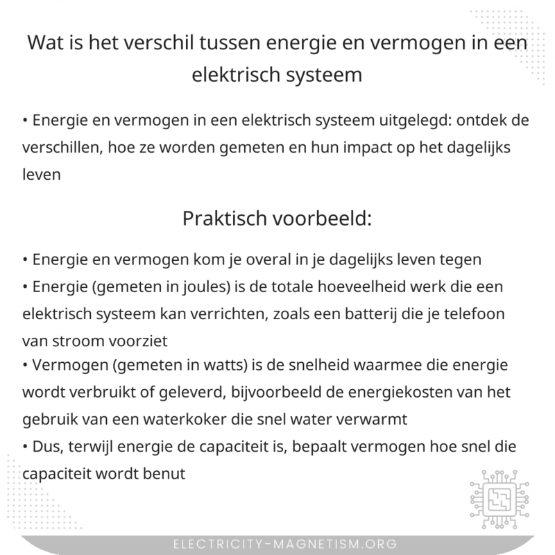 Wat is het verschil tussen energie en vermogen in een elektrisch systeem?