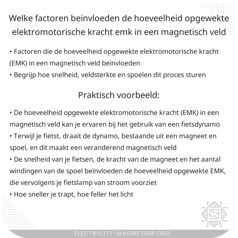 Welke factoren beïnvloeden de hoeveelheid opgewekte elektromotorische kracht (EMK) in een magnetisch veld?