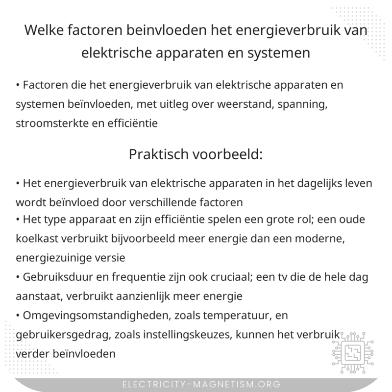 Welke factoren beïnvloeden het energieverbruik van elektrische apparaten en systemen?