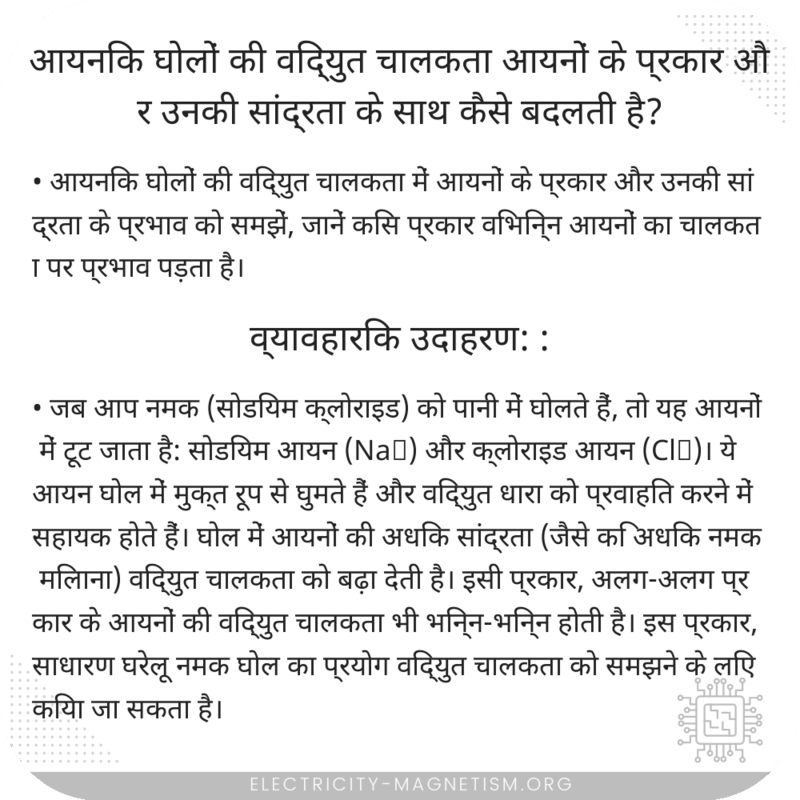 आयनिक घोलों की विद्युत चालकता आयनों के प्रकार और उनकी सांद्रता के साथ कैसे बदलती है?