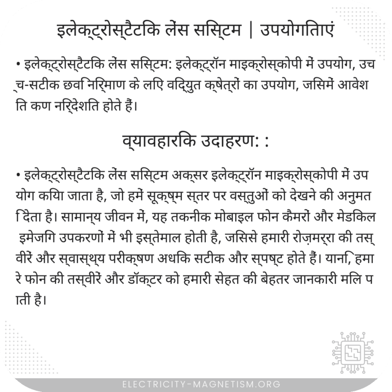 इलेक्ट्रोस्टैटिक लेंस सिस्टम | उपयोगिताएं