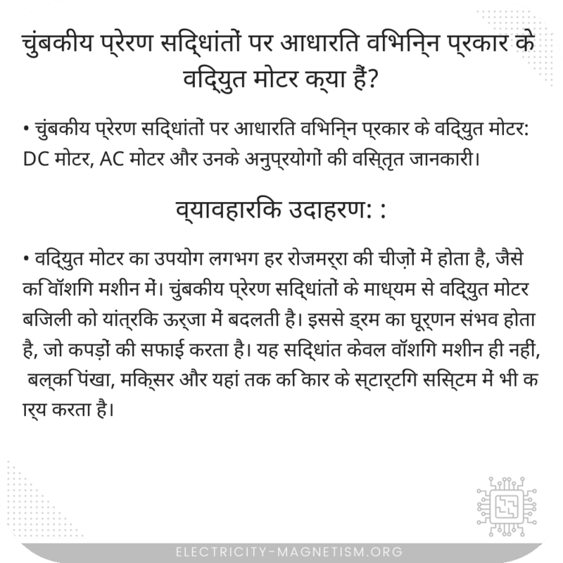 चुंबकीय प्रेरण सिद्धांतों पर आधारित विभिन्न प्रकार के विद्युत मोटर क्या हैं?