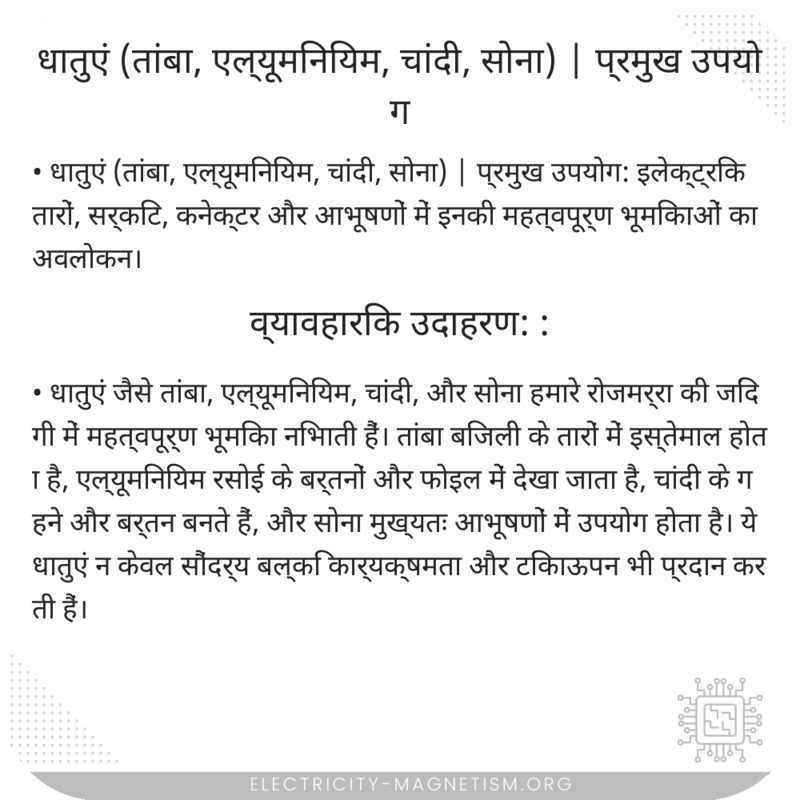 धातुएं (तांबा, एल्यूमिनियम, चांदी, सोना) | प्रमुख उपयोग