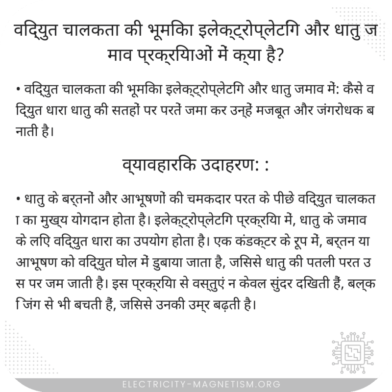 विद्युत चालकता की भूमिका इलेक्ट्रोप्लेटिंग और धातु जमाव प्रक्रियाओं में क्या है?