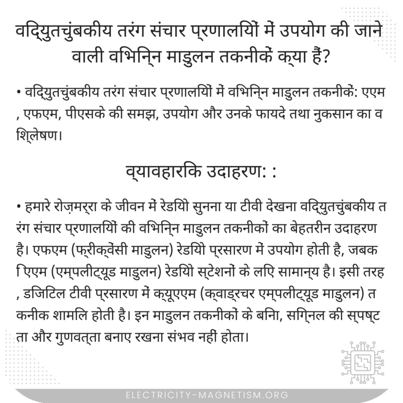 विद्युतचुंबकीय तरंग संचार प्रणालियों में उपयोग की जाने वाली विभिन्न माडुलन तकनीकें क्या हैं?